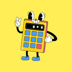 Whimsical Calculator: A cheerful cartoon calculator with a retro style, striking a pose and displaying a simple math equation. It's an animated expression of learning, computation and fun.