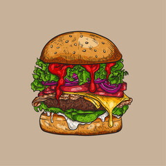 Savory Burger Illustration: A mouthwatering hand-drawn burger, bursting with fresh ingredients. Every detail is meticulously illustrated, capturing the essence of this culinary classic.