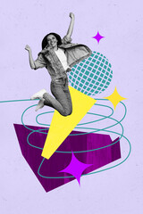 Vertical art creative full zine photo collage of happy girl guy dance weekend karaoke event...