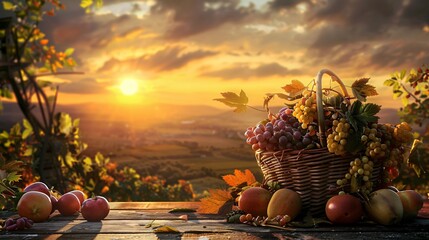 A scene of a sunset harvest, where a basket of fruit rests serenely on a wooden table