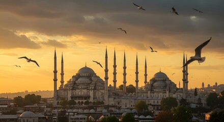 Naklejka premium Majestic Sunset over the Sultan Ahmed Mosque in Istanbul, Turkey
