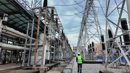 Substation inspection engineer walking through electrical power facility with high voltage towers and equipment cloudy sky for safety check and maintenance work ensuring reliable operation