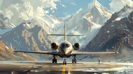 A sleek private business jet rests at the airport nestled amidst the majestic mountain