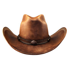 A detailed brown leather cowboy hat with decorative stitching and a central buckle ornament isolated on transparent background