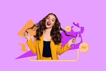 Image full pop trend collage of happy girl guy stand phone peek hand hold heart like reaction social media subscriber feedback