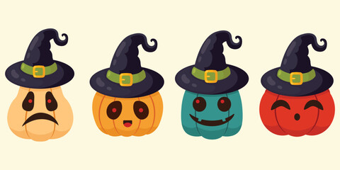 A set of pumpkins wearing witch hats. Smiling pumpkins. Halloween design. Vector flat illustration