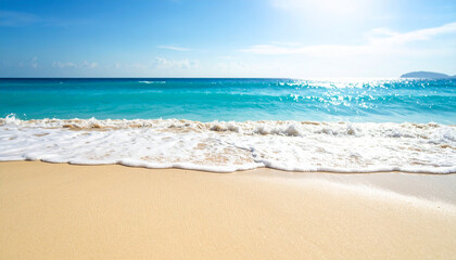 Fototapeta premium Tropical Beach with Blue Waves and White Sand on a Sunny Day. A calming view of a tropical beach with turquoise ocean waves slowly lapping against clean white sand under the bright sunlight.