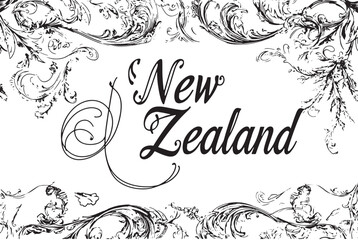 Elegant New Zealand design vintage floral frame textured background classic script font artistic flourish travel poster