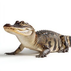 Fototapeta premium A detailed close up of a young alligator with its mouth slightly open showing sharp teeth isolated on white background