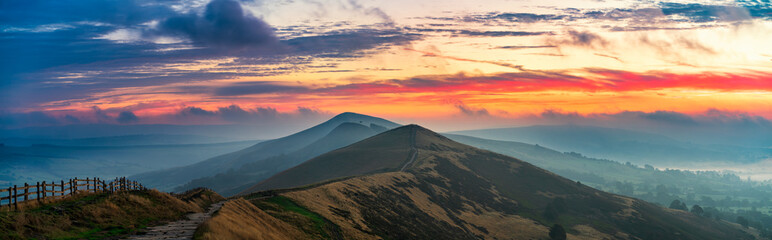 Mam Tor mountain at sunrise in Peak District. United Kingdom