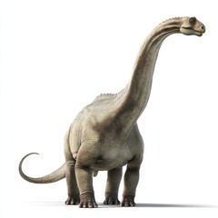 Obraz premium Realistic depiction of a large brontosaurus dinosaur with a long neck and tail isolated on white background