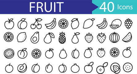 Fruit Set of Web Icons in Line Style &ndash; Fresh Fruit Linear Icon Collection with Editable Stroke for Healthy Food, Organic, Nutrition, Vegan, and Market Design