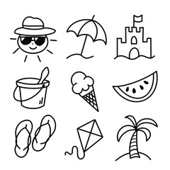 Summer beach doodle icons with sun, umbrella, and ice cream on white background. 