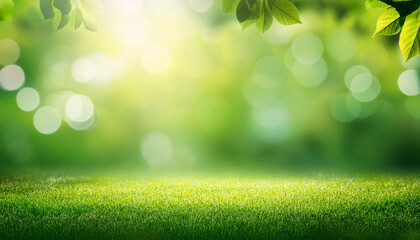 Obraz premium spring background abstract banner green blurred bokeh lights with copy space