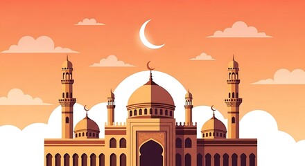 Silhouette of Grand Mosque at Sunset with Birds Flying – Peaceful Islamic Spiritual Landscape