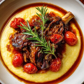 Sauced lamb shank on creamy polenta with rosemary and cherry tomatoes