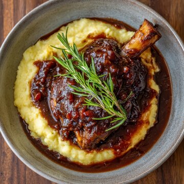 Lamb shank glazed in red wine reduction with rosemary and mashed potatoes