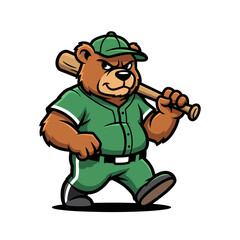 Cartoon Brown Bear Baseball Player in Green Uniform Walking with Bat