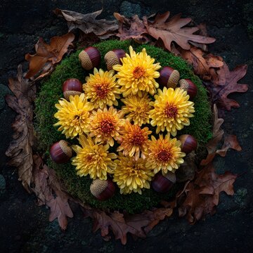 Yellow chrysanthemums in moss with acorns and faded oak leaves &ndash; autumn setting