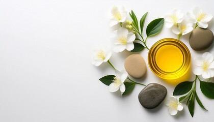 An overhead view of natural skincare elements, featuring yellow oil in a bottle and jar, white flowers, green leaves, and smooth stones arranged on a clean white surface. Free space for text. AI
