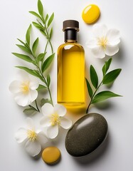 An overhead view of natural skincare elements, featuring yellow oil in a bottle and jar, white flowers, green leaves, and smooth stones arranged on a clean white surface. AI