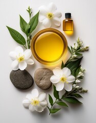 An overhead view of natural skincare elements, featuring yellow oil in a bottle and jar, white flowers, green leaves, and smooth stones arranged on a clean white surface. AI