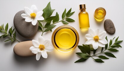 An overhead view of natural skincare elements, featuring yellow oil in a bottle and jar, white flowers, green leaves, and smooth stones arranged on a clean white surface. AI