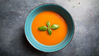 A bowl of bright orange tomato soup with fresh basil leaves on top, placed on a teal-colored bowl, set against a dark concrete background. AI