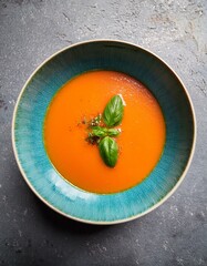 A bowl of bright orange tomato soup with fresh basil leaves on top, placed on a teal-colored bowl, set against a dark concrete background. AI