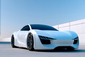 Futuristic white sports car with aggressive front design, sleek body lines, large alloy wheels and tinted windows, parked near modern wall under clear blue sky
