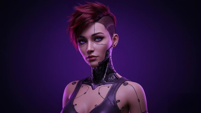 Realistic 3D animation of a female android-cyborg with a fierce appearance, featuring violet glowing eyes, undercut red hair styled in a mohawk, and visible cybernetic implants on her face, neck, and 