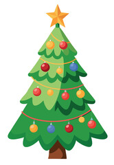 Decorated Christmas Tree with Star and Ornaments Vector Illustration 