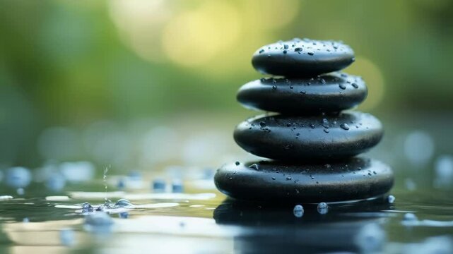 Smooth black spa stones stacked in pyramid with water drops glistening, reflective surface, calm and serene background, concept of relaxation and balance.

