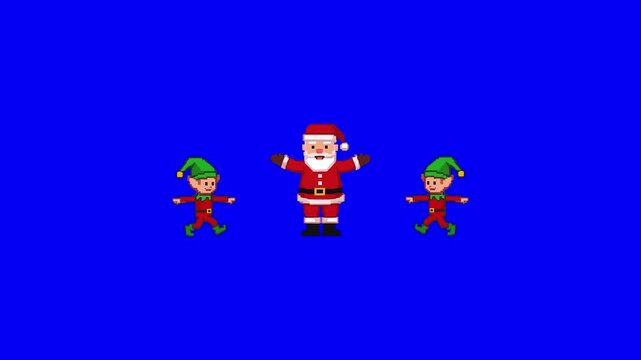 Pixel art animation of Santa Claus and two cheerful elves dancing in sync on a bright blue chroma key background. A festive and joyful loop perfect for Christmas-themed projects, games, or holiday ani