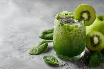 Chilled green matcha drink in a transparent glass with chia seeds, placed on a marble table next to sliced kiwi, green apple, and spinach leaves, soft shadow,