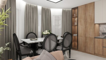 Elegant dining area with classic chairs, a marble table, wood cabinetry, and soft drapery. Natural tones, cozy lighting, and modern classic design create a refined atmosphere