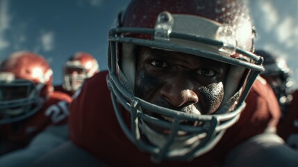 Close-up of determined African American Football Player in helmet with team