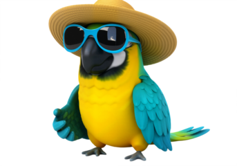 "Colorful Macaw Parrot in Straw Hat and Sunglasses Against White Background, Radiating Tropical Fun and Whimsical Charm PNG