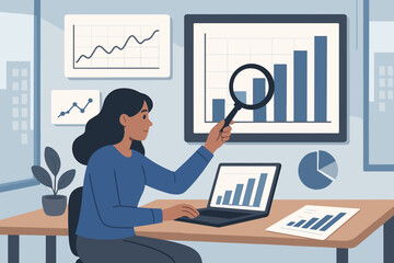 Businessman or analyst character working in office. Man analyzing data with laptop, charts and graphs. Financial report, business analytics, statistics, data visualization concept.
