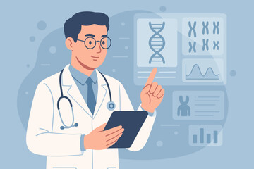 Doctor analyzing human genetic data, DNA helix, and chromosomes on a virtual interface. Medical science and biotechnology research concept. Healthcare worker with tablet. Flat vector illustration.