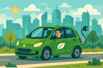 Man driving green electric car with plug on city road. Sustainable transportation & renewable energy concept. Eco friendly vehicle in an urban cityscape. Vector cartoon illustration.