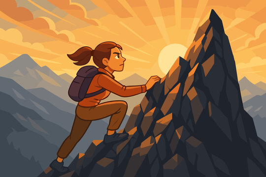 Determined woman climbing mountain at sunrise. Metaphor for challenge, success, ambition, reaching goals. Business concept for career growth, perseverance, overcoming obstacles.