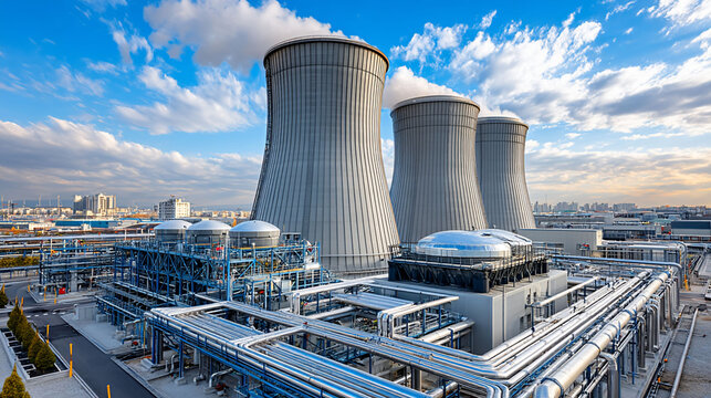 Cooling towers dominate a vast industrial landscape