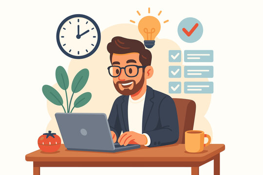 Productive businessman using Pomodoro technique for time management. Man at desk with laptop, tomato timer, and checklist. Concept of focus, workflow, and efficiency. Vector cartoon.