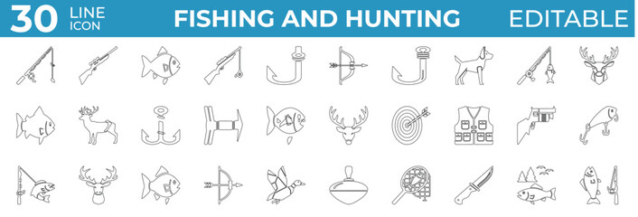 Clean hunting and fishing icons for outdoor, gear, and sport use
