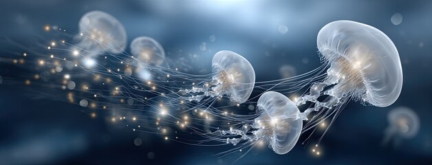 Stunning jellyfish drift in a mesmerizing space environment, radiating glow with captivating purple and blue light accents