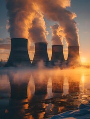 Beside the cooling tower of a power plant, soft sunlight falls on the water surface