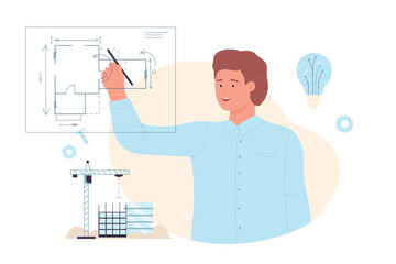 Male architect drawing new building project. Construction engineer working on apartment house draft flat vector illustration