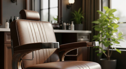 Vintage leather barber chair in stylish modern barbershop interior