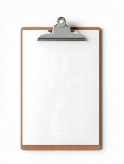 Blank clipboard at angle. Beige clipboard with blank sheet, tilted view, isolated.
